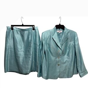 Le Suit Essentials Women's Teal Blue Sharkskin Suit Set Blazer Skirt 16W